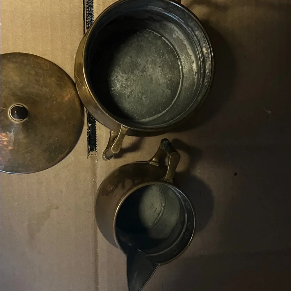 Vintage Brass Sugar Bowl and Creamer Set as found